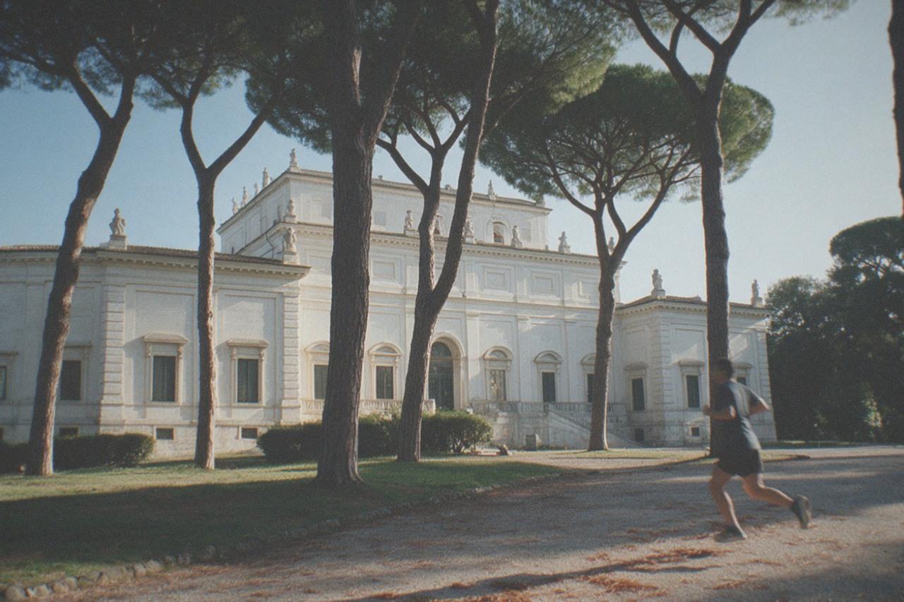 The neoclassical facade of the Galleria Borghese with the gardens of Villa Borghese in the foreground on a clear morning.