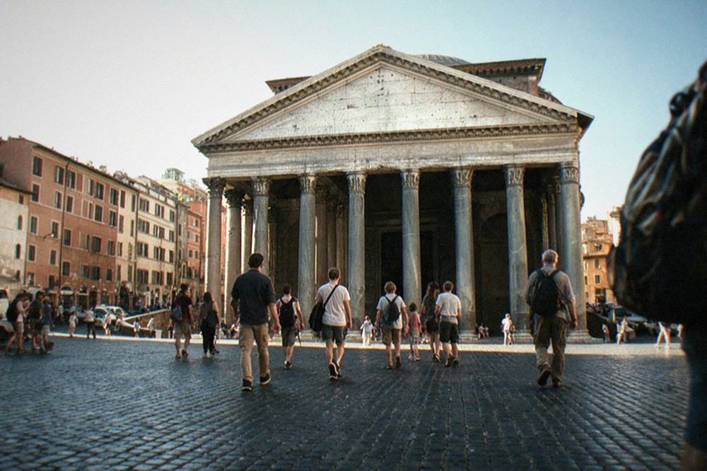 The granite columns and pediment of the Pantheon portico from Piazza della Rotonda