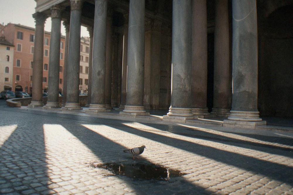 The Pantheon portico with its granite columns and pediment seen from Piazza della Rotonda