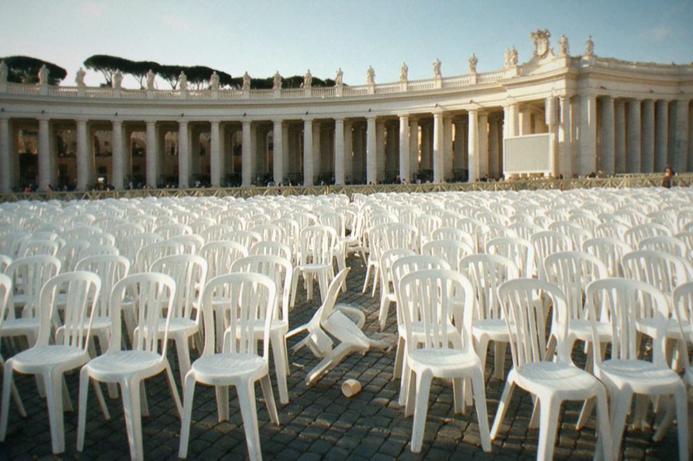 Rows of empty chairs set out in St Peter's Square before a papal audience