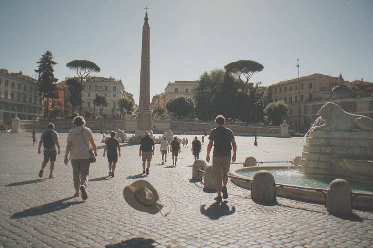 People walking across a sunlit Roman piazza with a fountain and old buildings