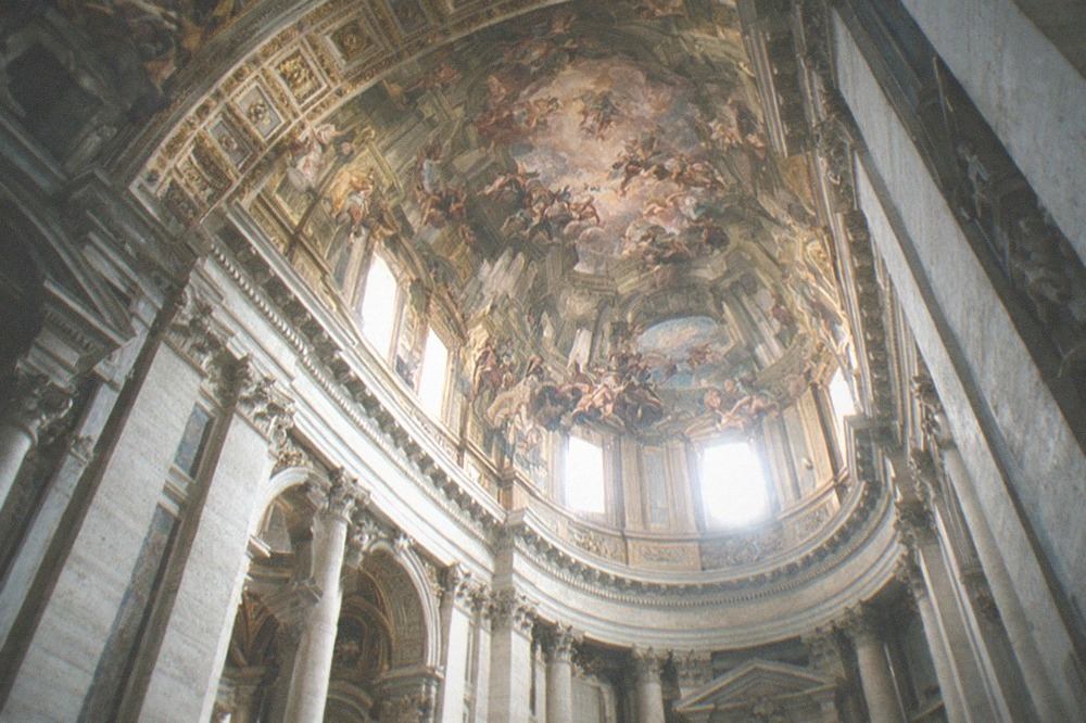 Frescoed church ceiling with trompe l'oeil dome painted in perspective