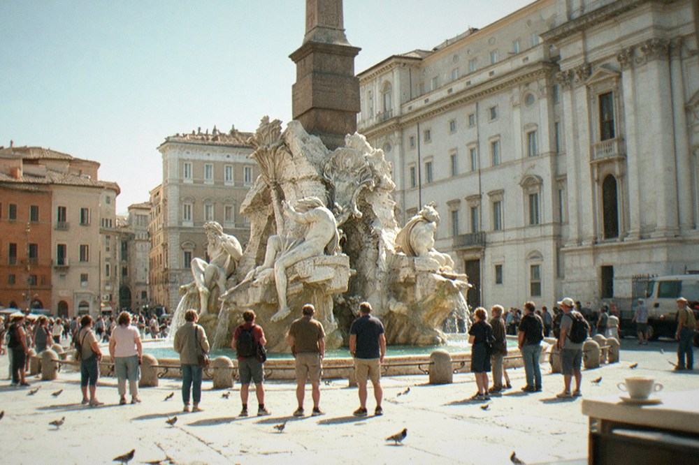 Walkers standing in a sunlit Roman piazza listening to a guide near a baroque fountain