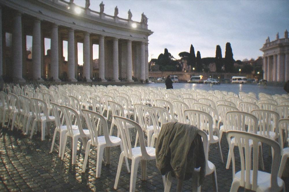 Empty seating section set up in St Peter's Square for a papal audience