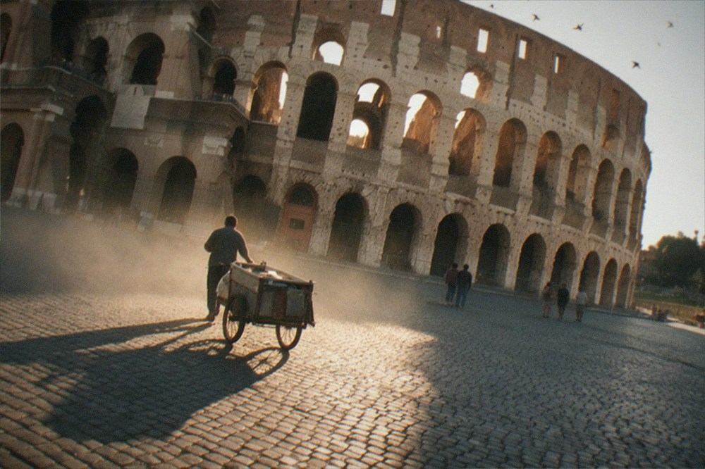 The Colosseum glowing in low evening light with long shadows across the square