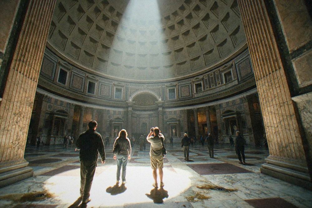 The interior of the Pantheon with light falling from the oculus onto the marble floor