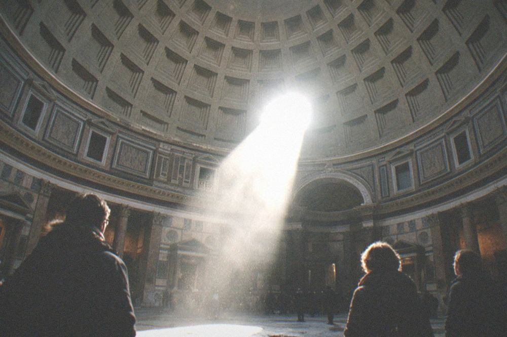 The oculus open to the sky at the top of the Pantheon dome