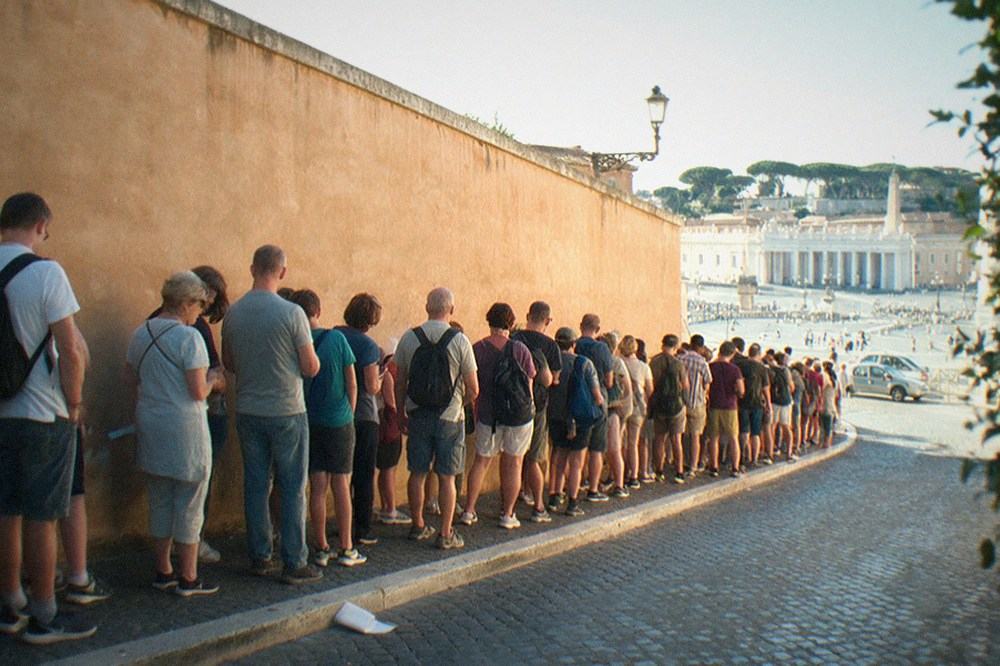 A queue of visitors stretching along a Vatican wall in morning light