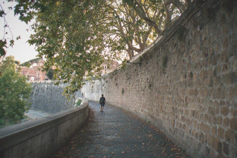 A quiet tree-lined path running beside a high stone wall in soft evening light