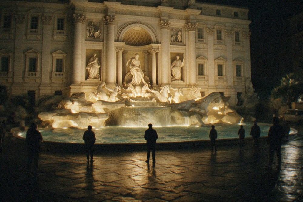 Illuminated baroque fountain at night seen from a darkened square
